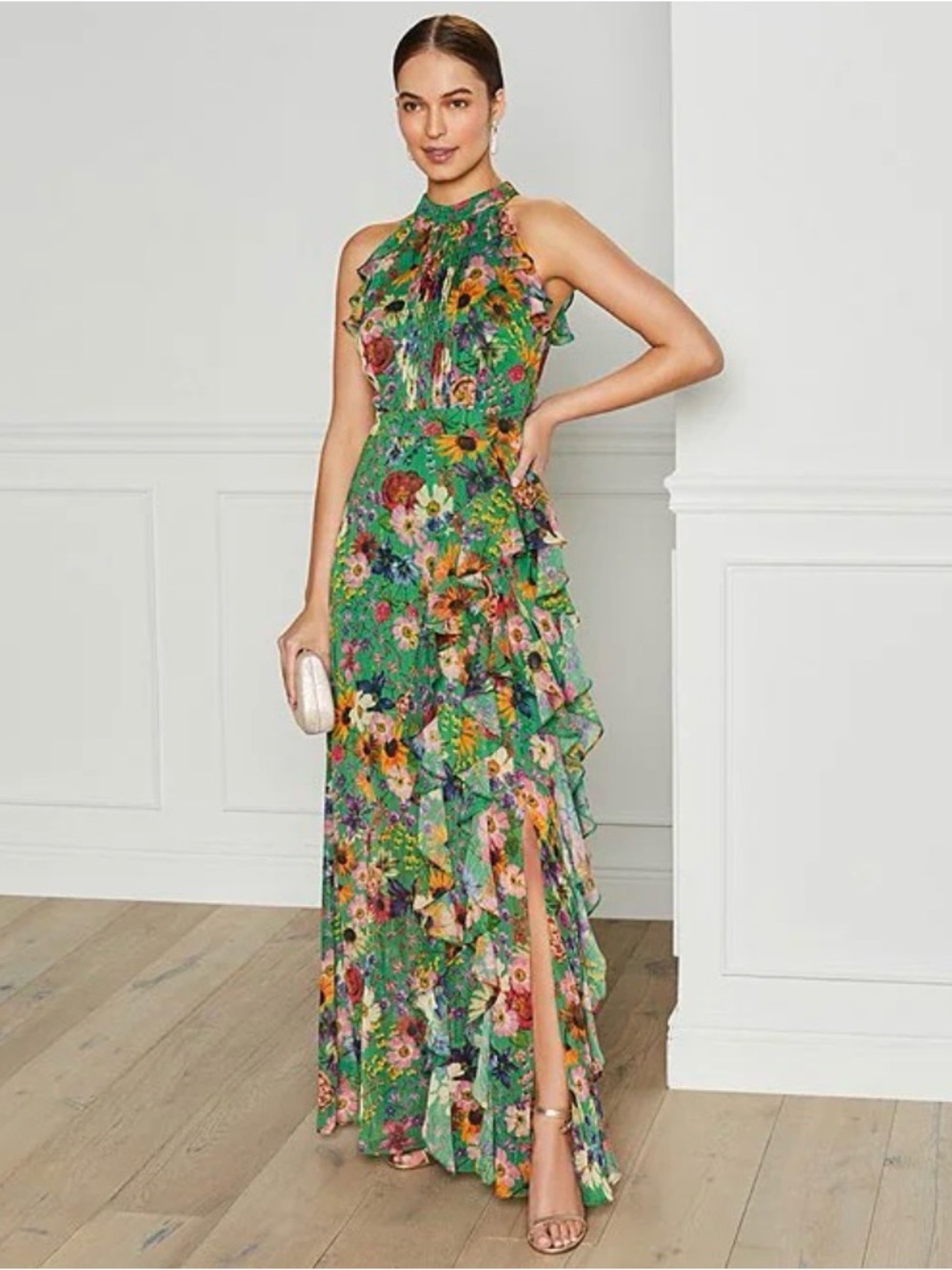 Betsy & Adam Green Floral Ruffle Halter Maxi Dress